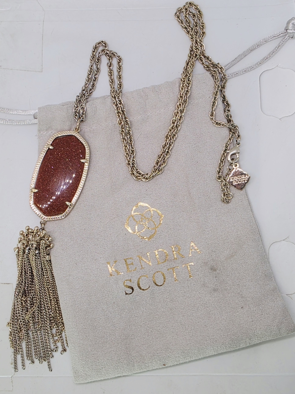 Kendra Scott Rayne Long Tassel Pendant Necklace Gold Tone Goldstone Sparkle